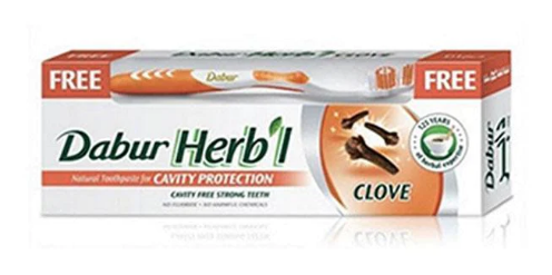 Dabur Herb'l Natural Toothpaste For Cavity Protection | Free From Fluoride and Harmful Chemicals| Relieves Toothache and Provides Strong & Healthy Teeth - 150 g (Pack of 2) + Free Toothbrush