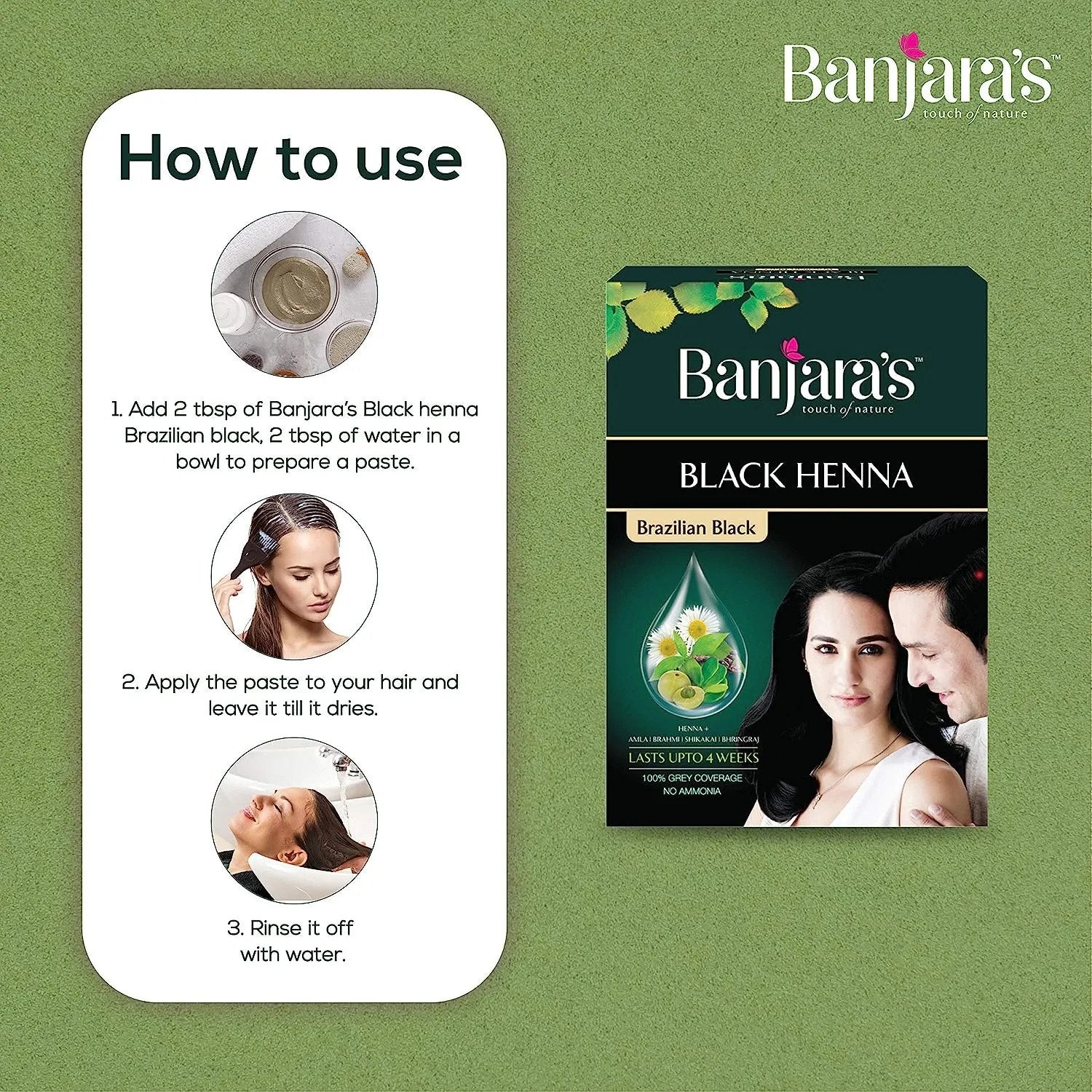 Banjara's Brazilian Black Henna No Ammonia 100% Grey Coverage Lasts Upto 4 Weeks Rich in Amla, Brahmi, Shikakai, Bhringraj - 54 grams