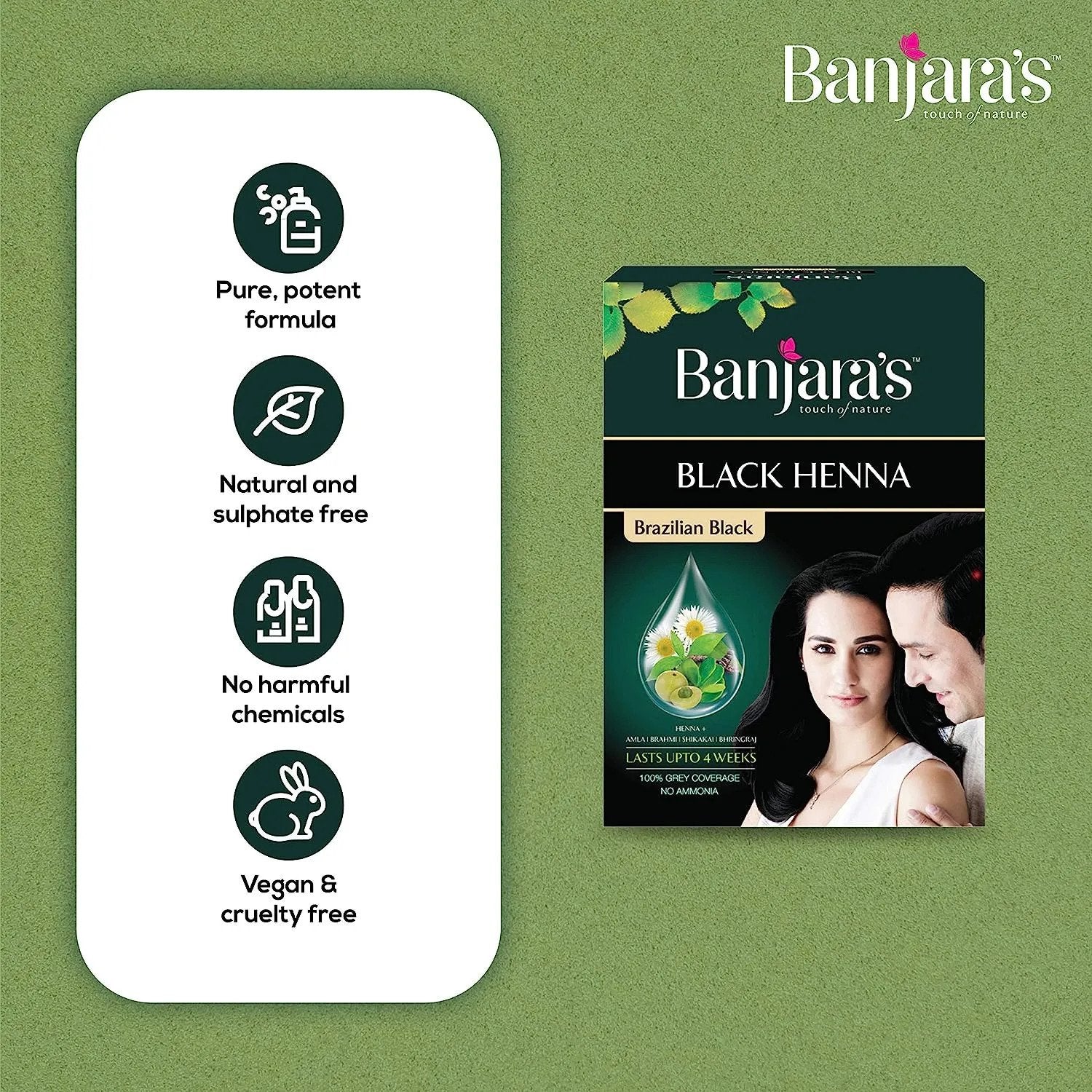 Banjara's Brazilian Black Henna No Ammonia 100% Grey Coverage Lasts Upto 4 Weeks Rich in Amla, Brahmi, Shikakai, Bhringraj - 54 grams