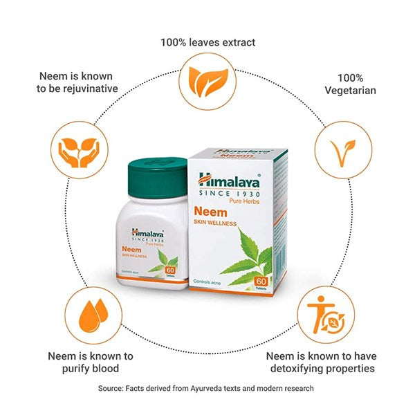 Himalaya Pure Herbs Neem Skin Wellness - Keeps The Skin Healthy & Glowing - Control Acne and Treating Skin Disorders - 250mg - 60Tablet
