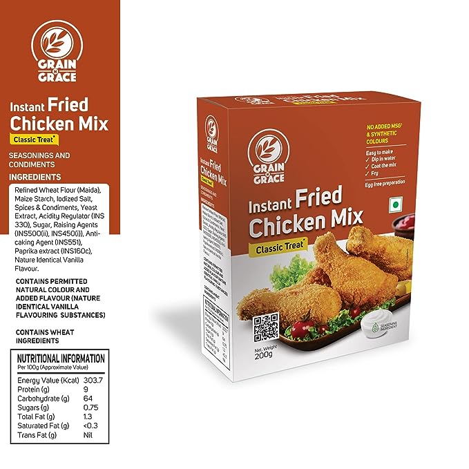 Grain N Grace Instant Fried Chicken Mix - Classic Treat - No added MSG & Synthetic Colours - Make Chicken with Crispy and Flaky Coating - 200g