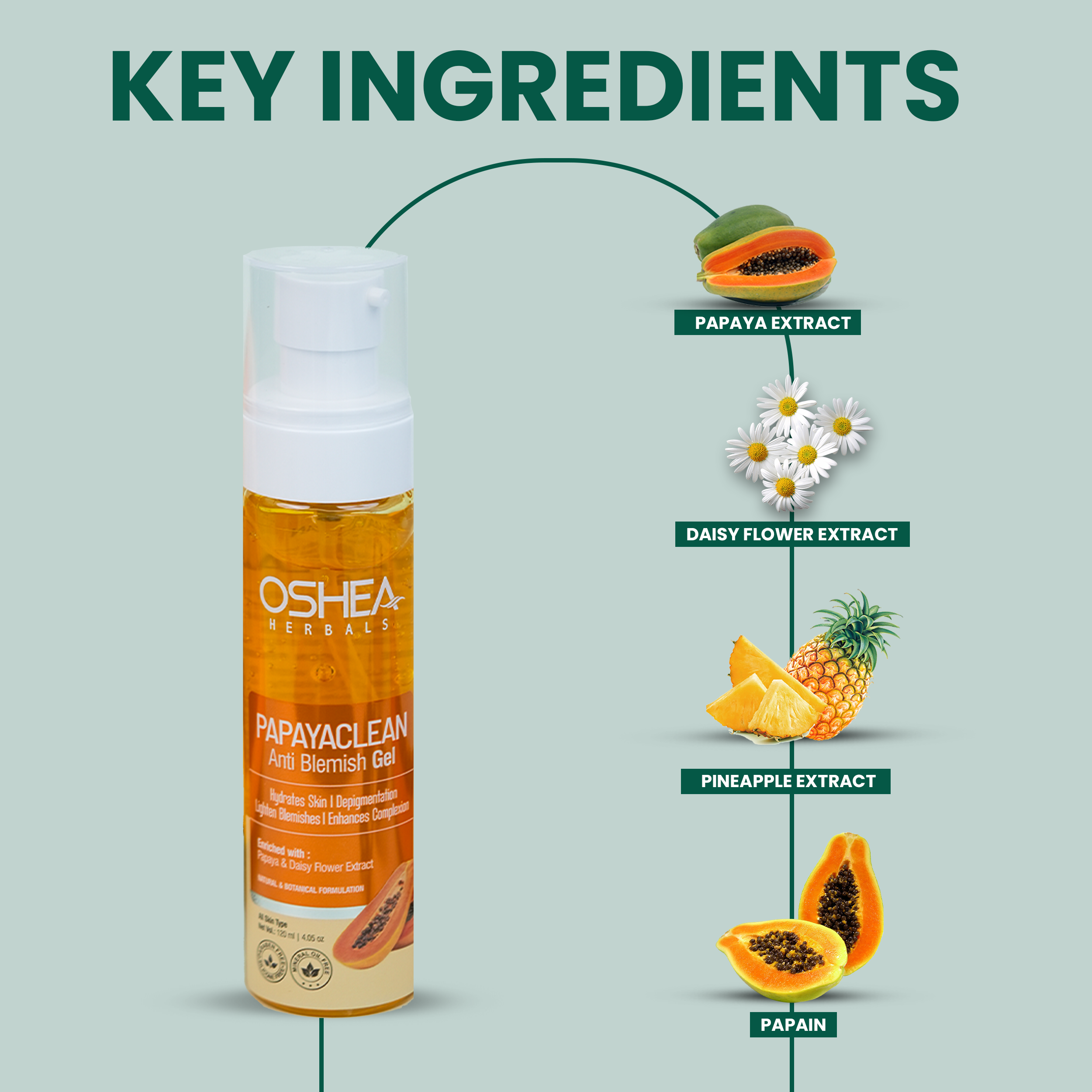 Oshea Herbals Papaya Clean Anti Blemishes Gel - Hydrates Skin - Lightens Blemishes & Enhances Complexion - For All Skin Type - Enriched with Papaya & Daisy Flower Extract - 120 ml