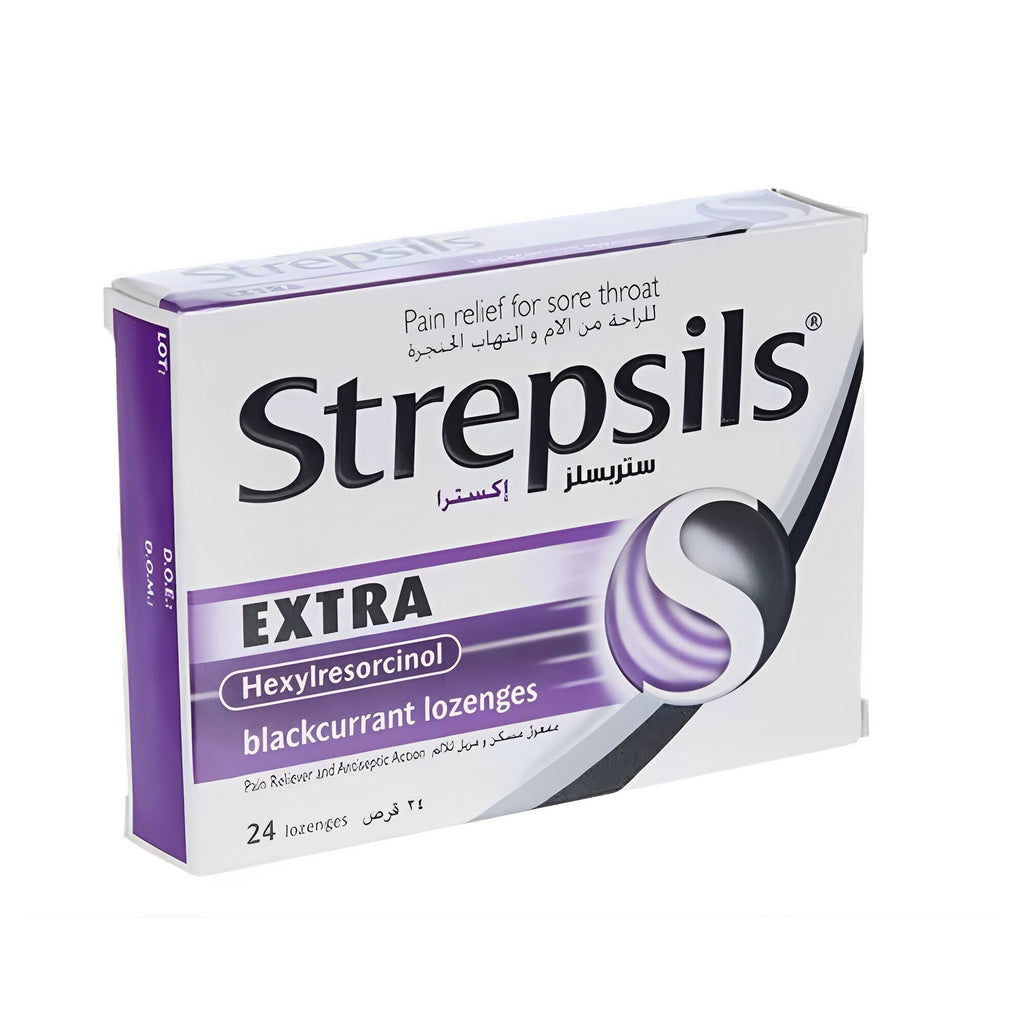 Strepsils Extra Triple Action Hexylresorcinol Blackcurrant | Pain Relief For Sore Throat - 24 Lozenges