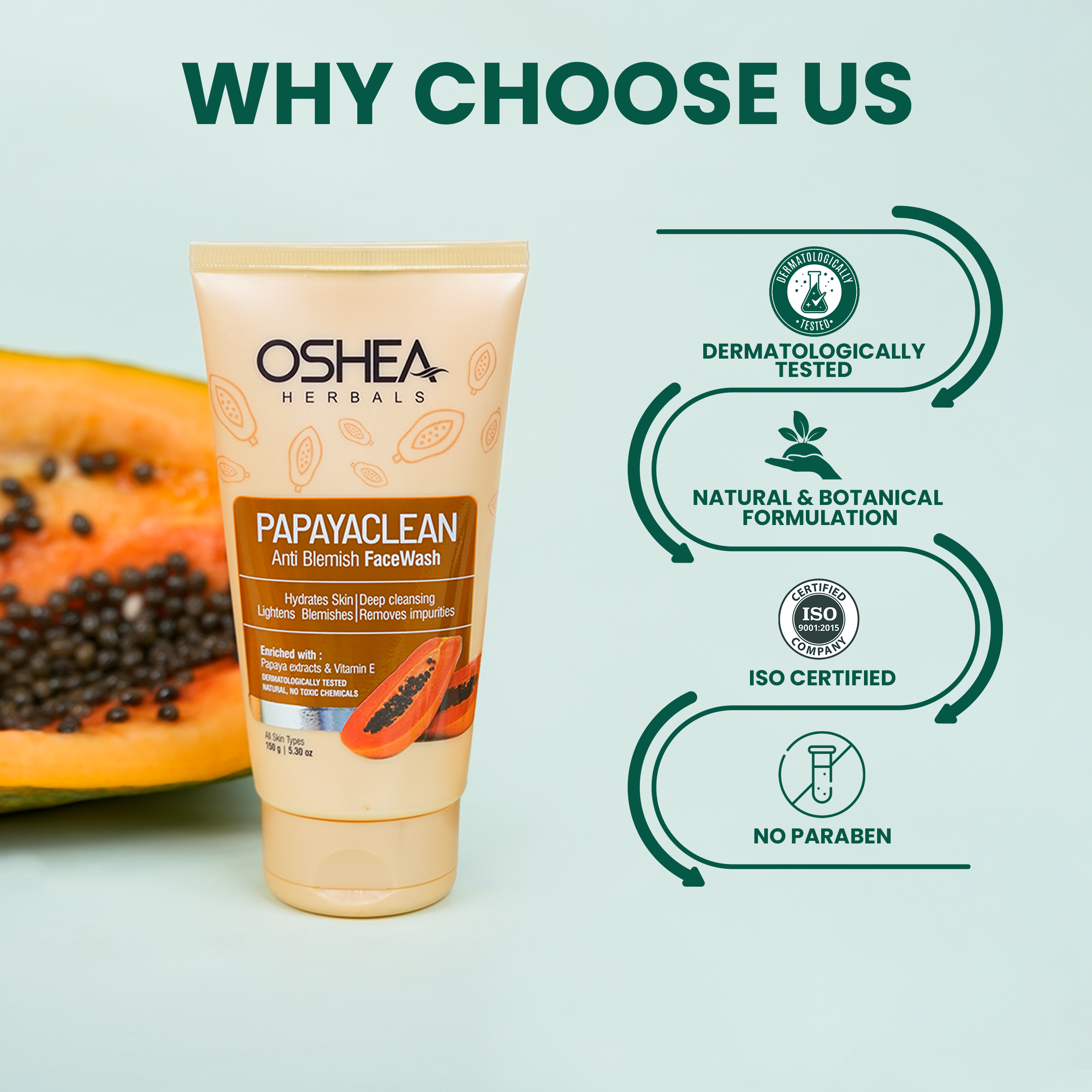 Oshea Herbals Papaya Clean Anti Blemish Face Wash - Hydrates Skin - Deep Cleansing - Lightens Blemishes & Removes Impurities - Enriched w/ Papaya Extracts & Vitamin E  - 150 grams