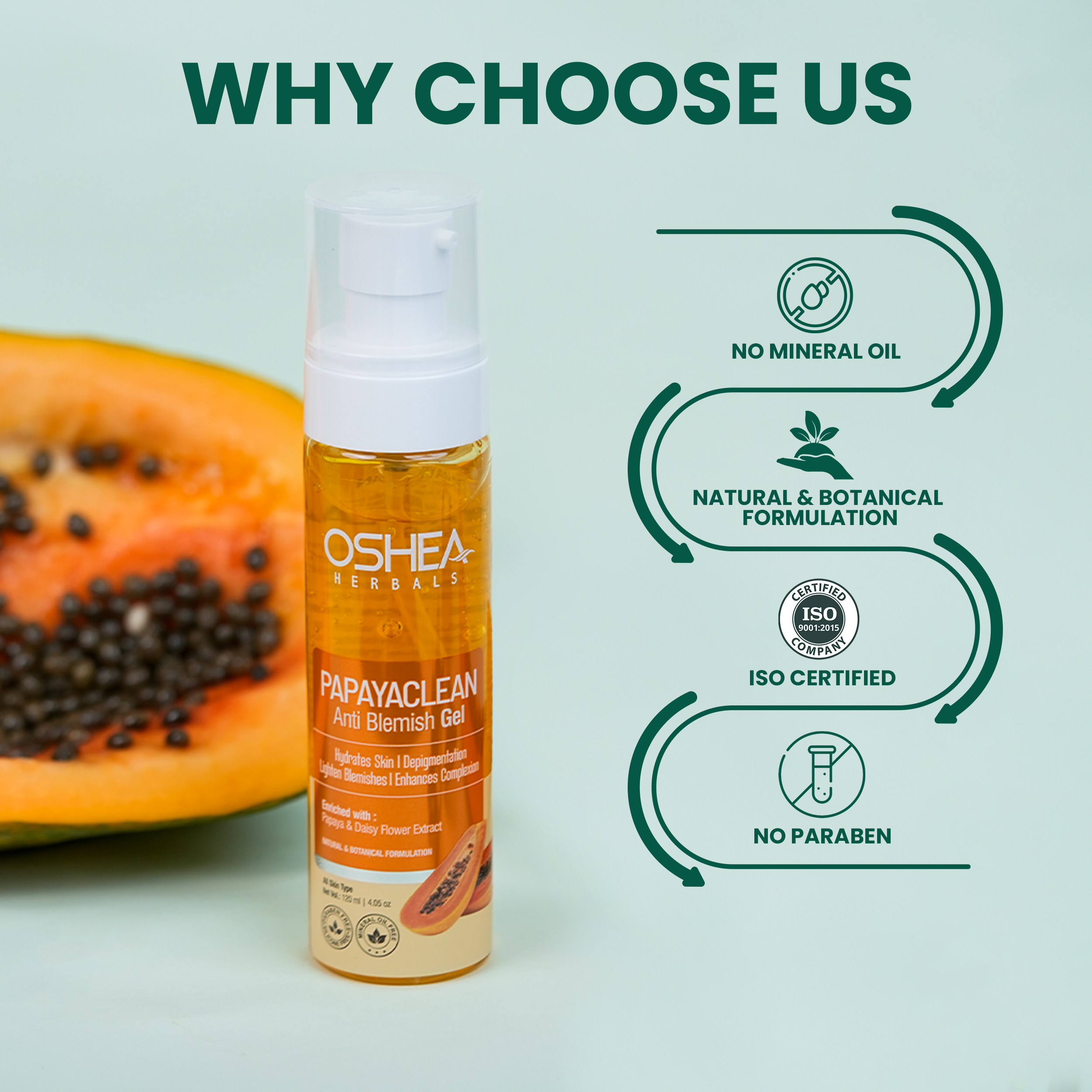 Oshea Herbals Papaya Clean Anti Blemishes Gel - Hydrates Skin - Lightens Blemishes & Enhances Complexion - For All Skin Type - Enriched with Papaya & Daisy Flower Extract - 120 ml