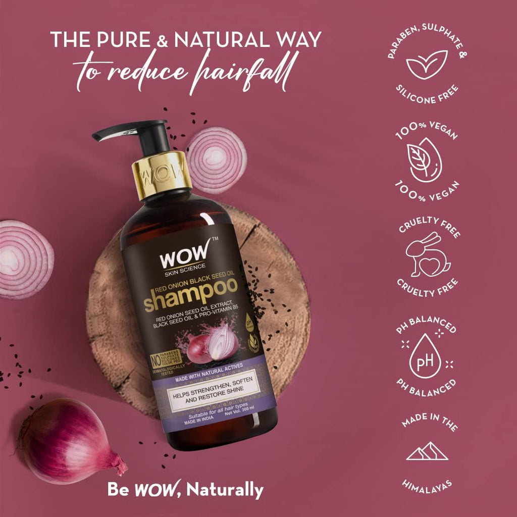 Wow Skin Science Red Onion Black Seed Oil Shampoo - Red Onion Seed Oil Extract Black Seed Oil & Pro Vitamin B5 - Dermatology Tested , No Parabens - 250ml